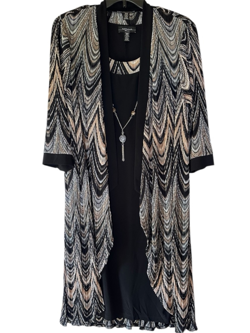 R&M Richards 2PC Dress Set 18W Pleated Jacket Black Beige Plus Size Elegant